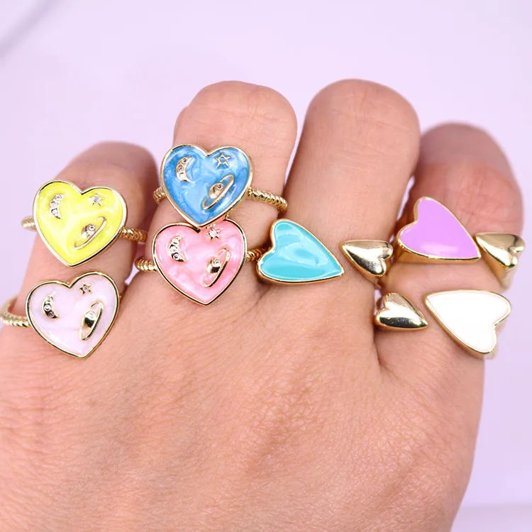 RA1134 New 18K Gold Plated Enamel Multi Colored Satellite Moon Crescent and Star Heart Female Rings