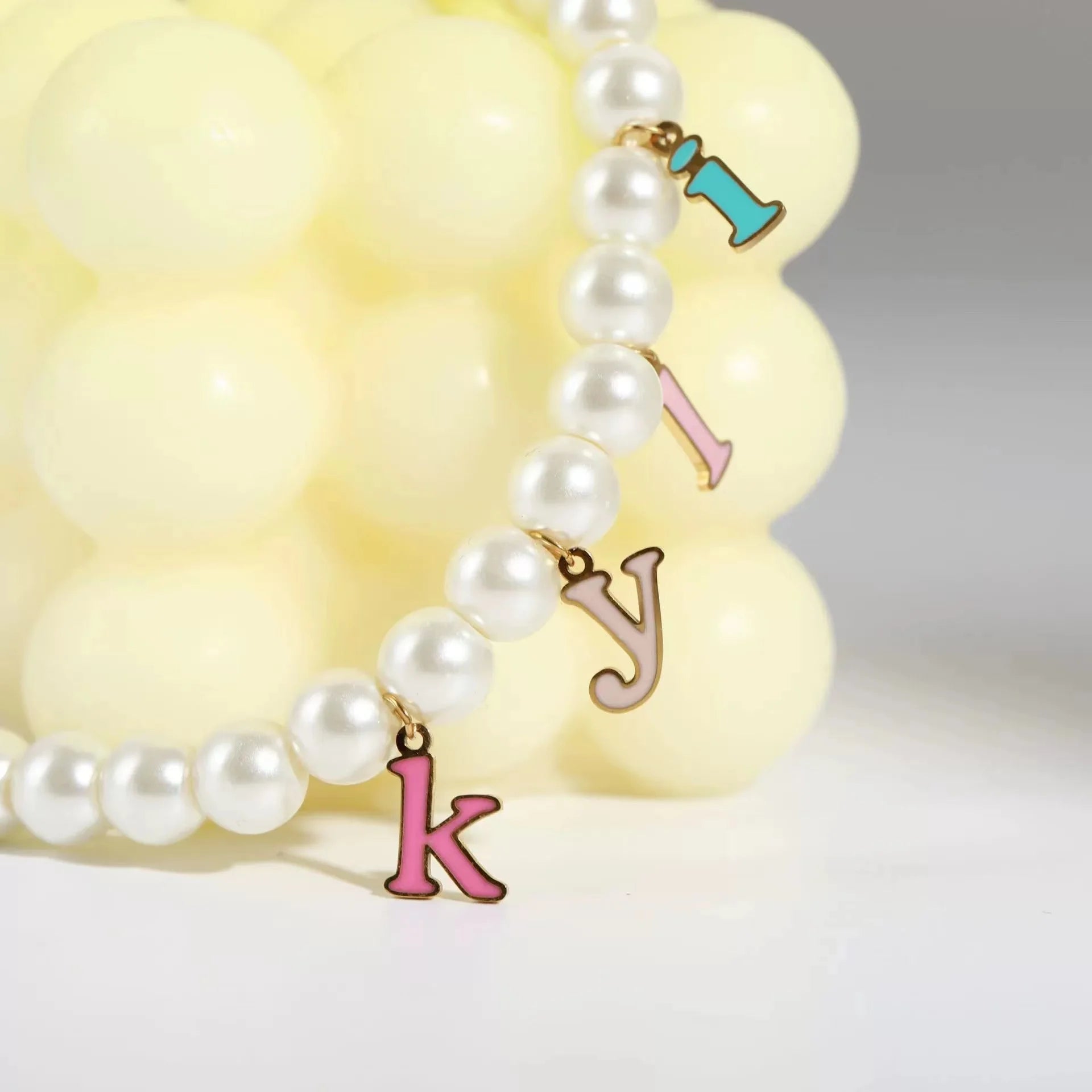 Stainless Steel Initial Pendant Pearl Chain Lower Case Letter Charm 18K Gold PVD Plated Pink Colorful Jewelry Summer Necklace