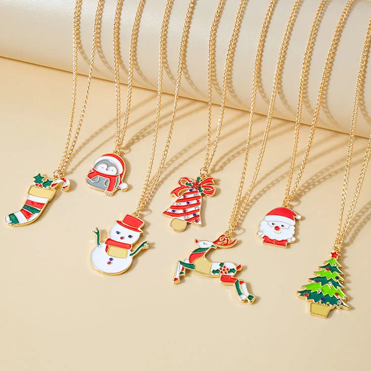G1763 Best Selling Merry Christmas Necklace Charms Enamel Snowman Santa Claus Xmas Tree Pendant Necklace for Women Jewelry