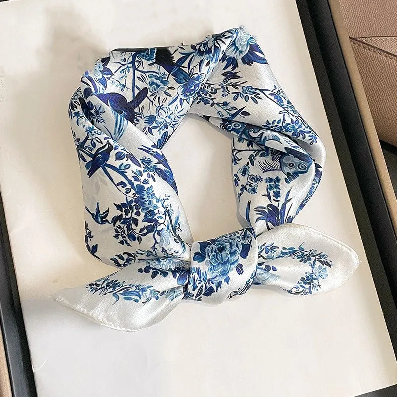 Summer Fresh Style 100% Pure Silk Small square Scarf Elegant 21" Flower Print Silk Hair Bandanas Office Lady Neck Tie Scarf