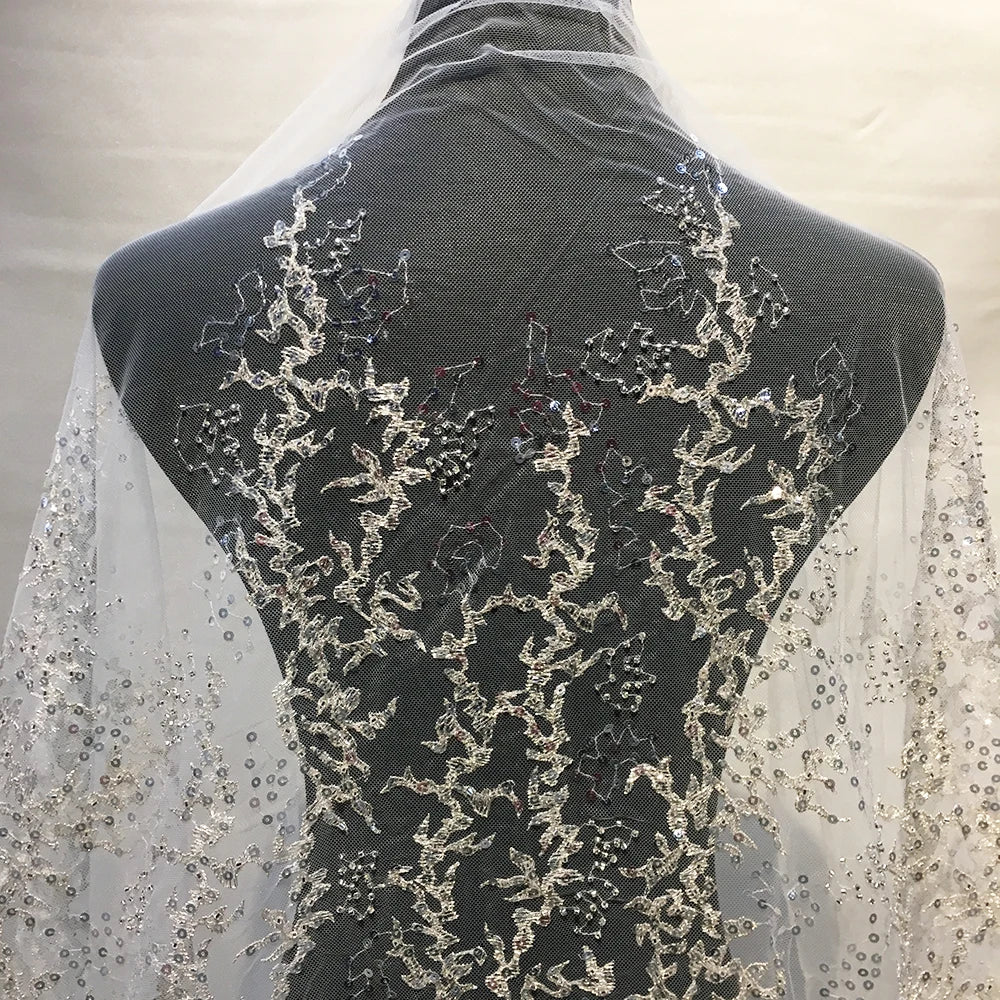 Good Quality French Mesh Lace Fabric Beaded Lace 5 Yards Wedding Tulle Luxury Lace for White Dress