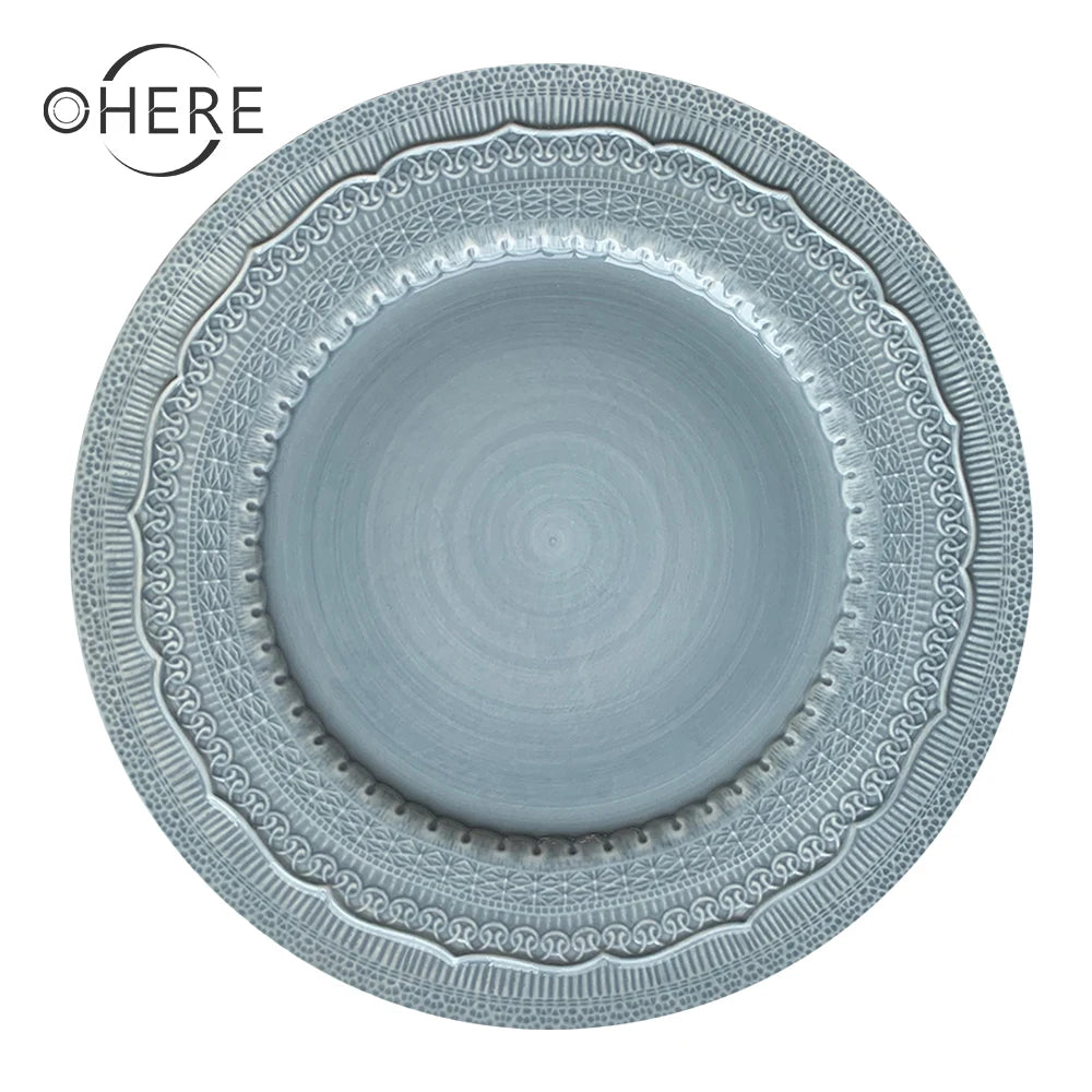 Wholesale 13" Ceramic Charger Plate Eco-Friendly Minimalist Pink White Blue Design Embossed Wedding Decorative Dinner Set
