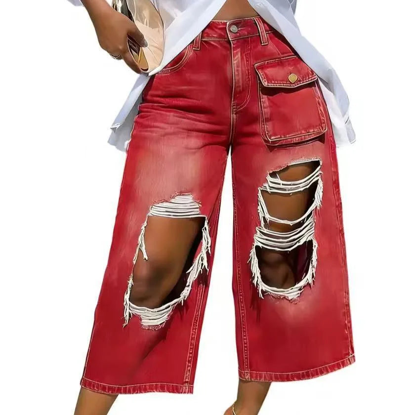 Custom Logo Summer New Arrivals High Quality No Stretch Women Sexy Loose Jeans Midi Pants Hollow Out Cargo Jeans Women