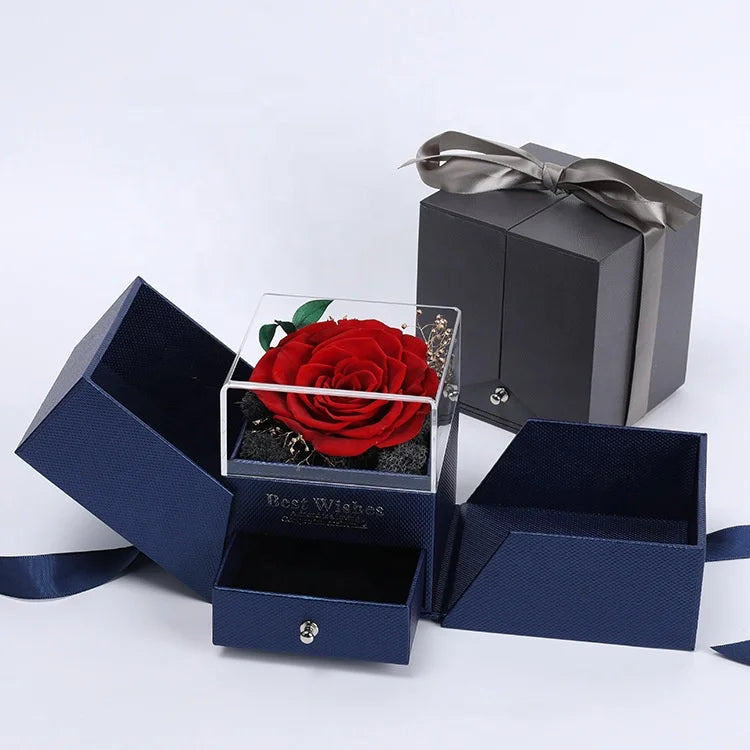 M175 Handmade Real Eterna Rose Flower Preserved Acrylic Box Necklace Birthday Wedding or Valentines Day Gift for Her