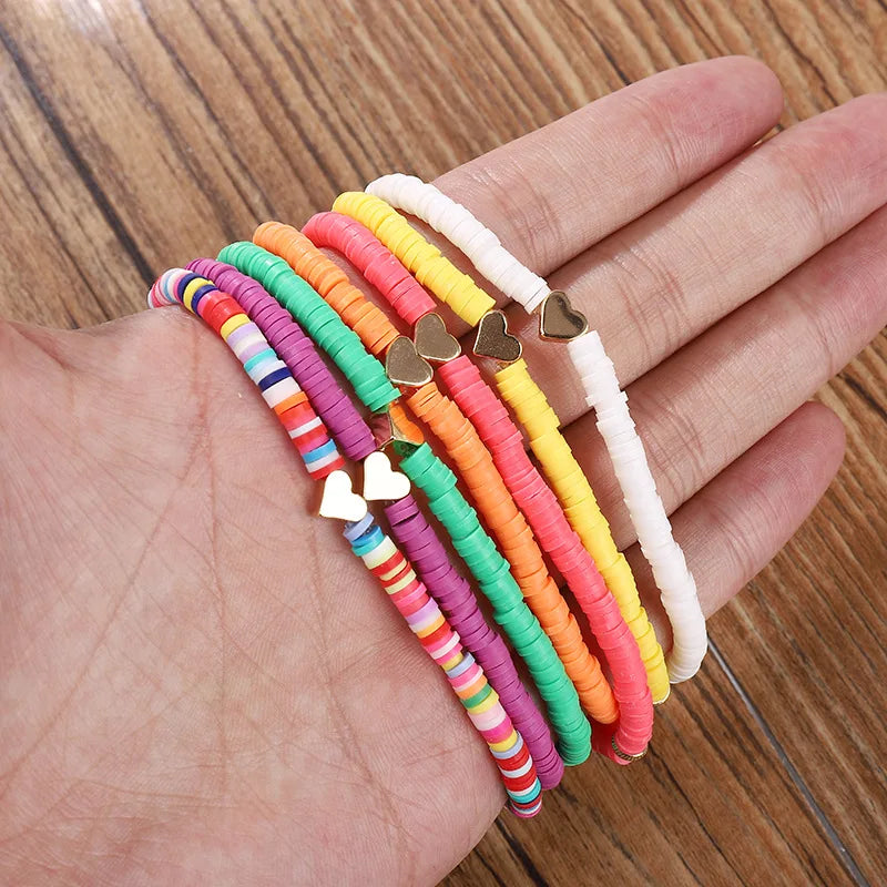 Multi Color Collection Stretchy Metal Heart Shaped Polymer Clay Bead Bracelet