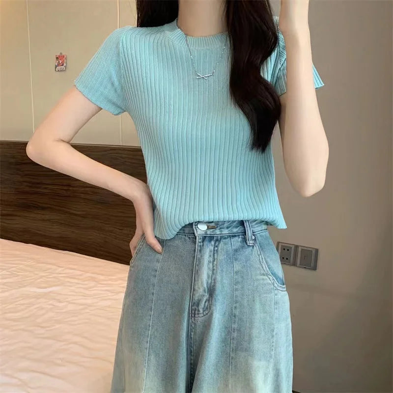 OEM/ODM Custom Blank Cotton T-shirt Ladies Pure Color O Neck Pullover Knitted Short Sleeve Woman's T-shirts Knitwear Top Casual