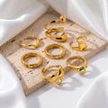JUSNOVA Waterproof Non-tarnish 18K Gold Plated Stainless Steel Hypoallergenic Minimalist Irregular Wavy Green CZ Rings