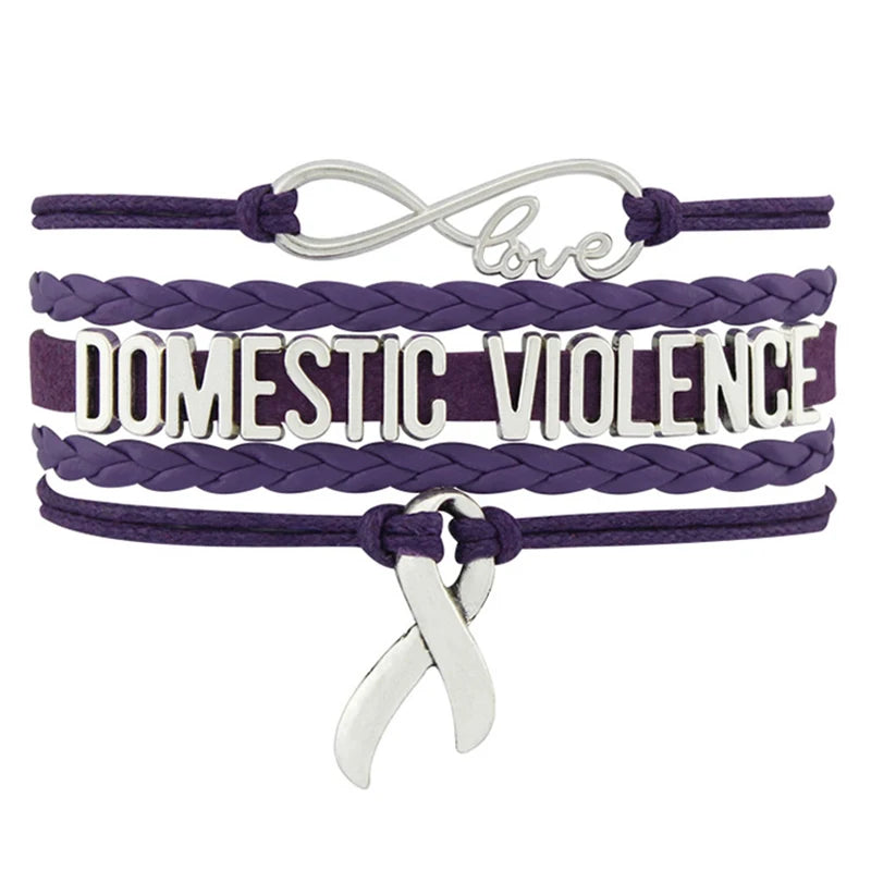 Factory Made Fashion Infinity Love Charm Domestic Violence Purple Ribbon Awareness Leather Bracelets