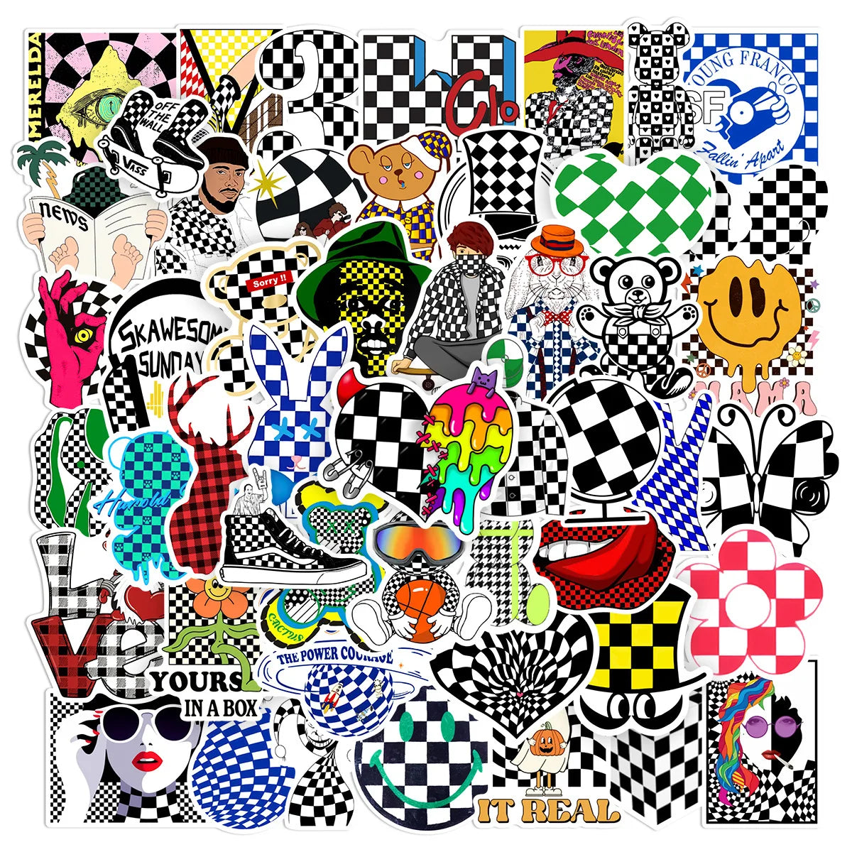 50PCS Fashion creative Britishness british style black and white cute cartoon checkerboard sticker