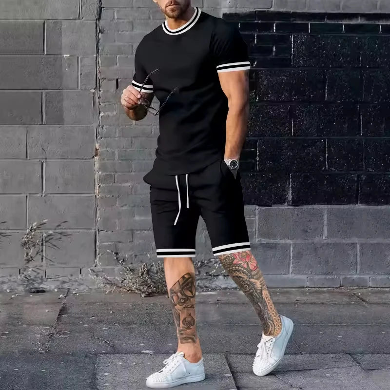 OEM Service Men's Shorts Cotton Sports Set Fitness 2 Piece Set T-shirt Slimming Striped Cuffs Summer Tracksuit for Men