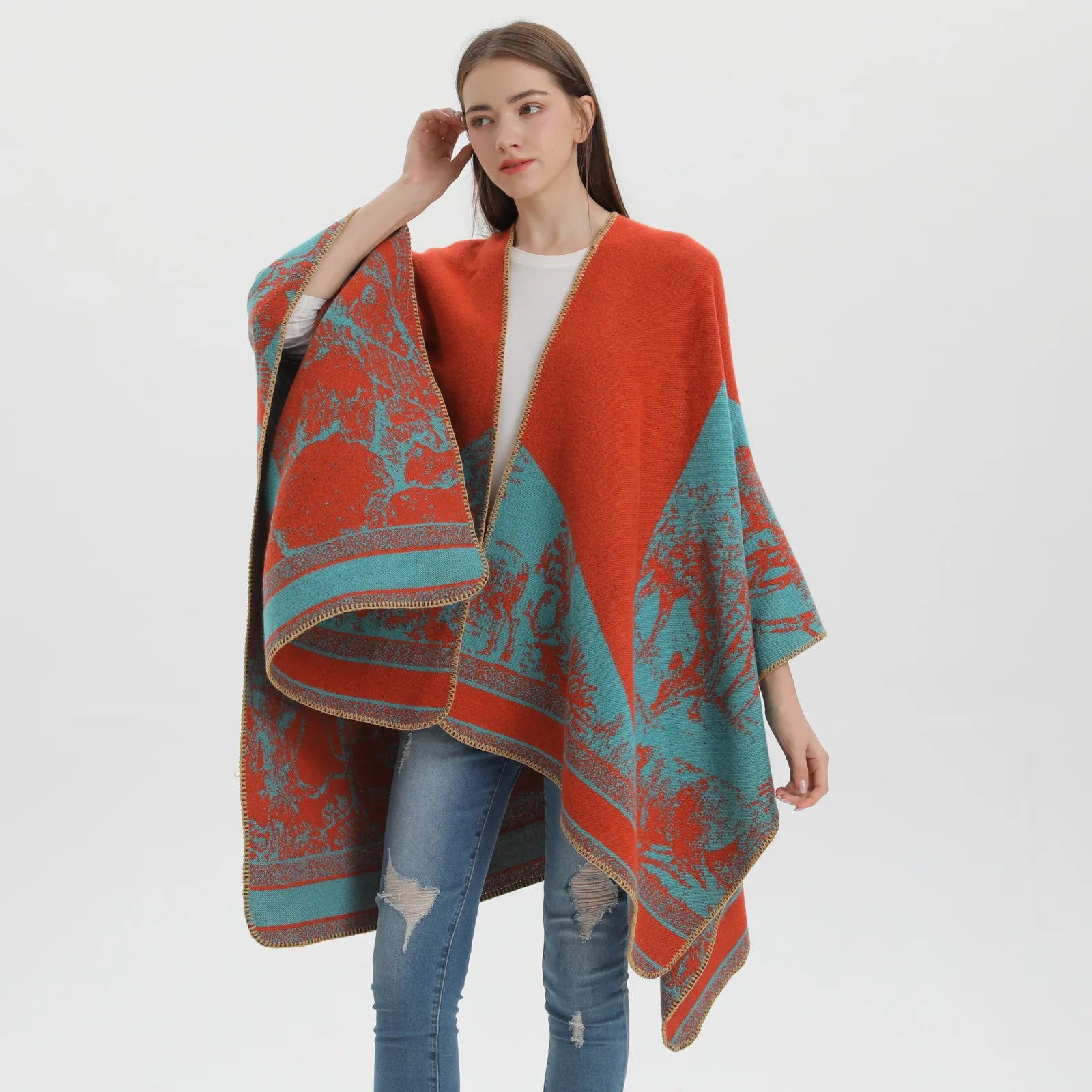 2023 New Winter Warm Oversized Poncho Capes Women Flower Pattern Batwing Sleeve Cloak Shawls Double Sided Cashmere Blanket Scarf
