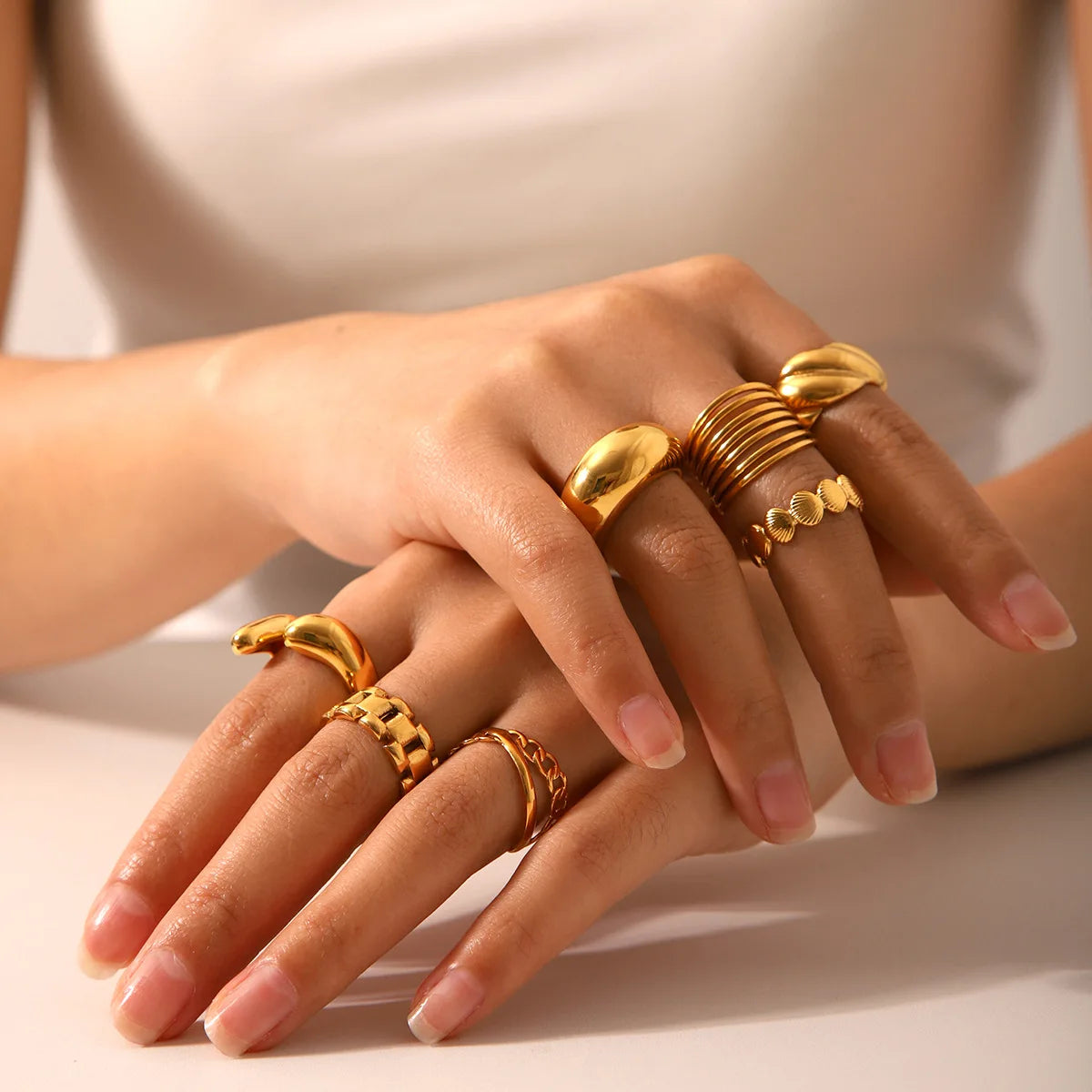 2025 Stainless Steel 18K Gold-Plated Double Layers Stacking Statement Casting High Polished Open Ring for Women & Men