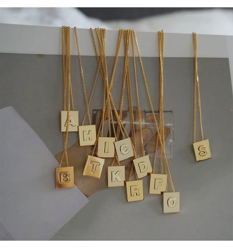Non Tarnish 18K Gold Plated Square Alphabet Initial Letter  Pendant Stainless Steel Chain Necklaces for Women Jewelry