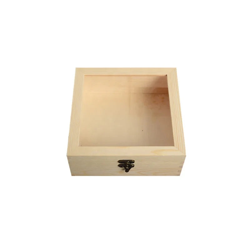 Small Square Christmas Wooden Jewelry Box with Glass Top Multifunction Wedding Gift Display for Store Various Items