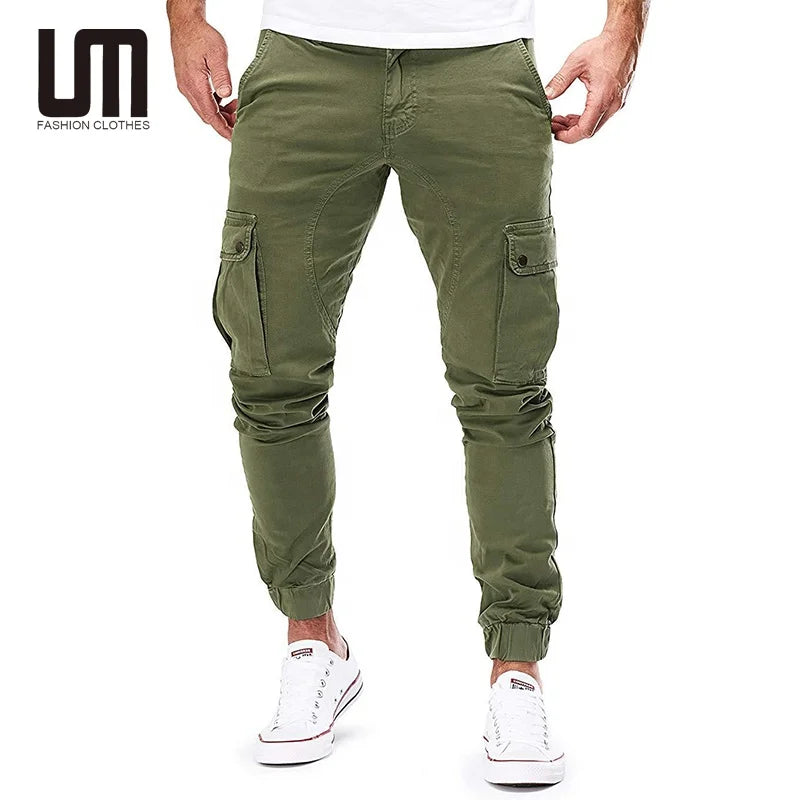 Liu Ming Trending Men's Casual Cargo Pants with Custom Logo Mid Waist Straight Pattern and Multi-Pockets Solid Color