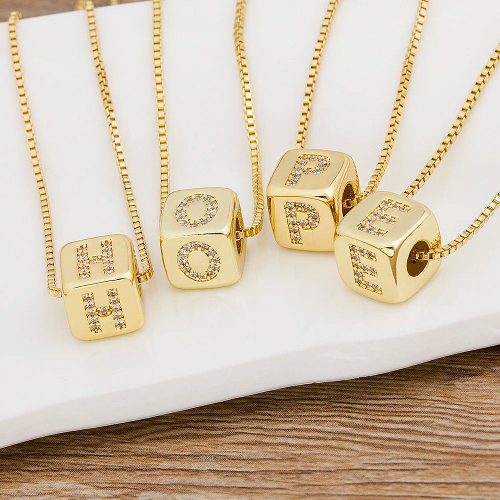 QIKU Hot Sale A-Z Initials Letter Pendant Necklace Copper CZ Gold Color Cube Charm Chain Name Jewelry Gift Women Wedding Party