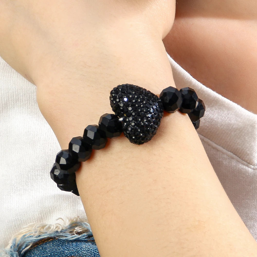 New Cute Minimalist Women's Jewelry 10mm Colorful Shiny Crystal Glass Beads Elastic Bracelet Blingbling Heart Charm Bracelet
