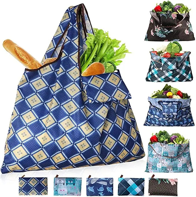 Custom Reusable Waterproof Folding Large Capacity Women's Handbags Portable Polyester Shopping Tote Bags Foldable Shopper Bag