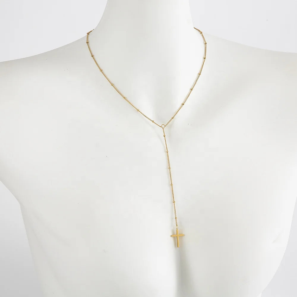 Beach Girl Fashion Jewelry Stainless Steel Y-Layered Bead Chain Choker with Tiny Cross Necklace Small Elegant Style