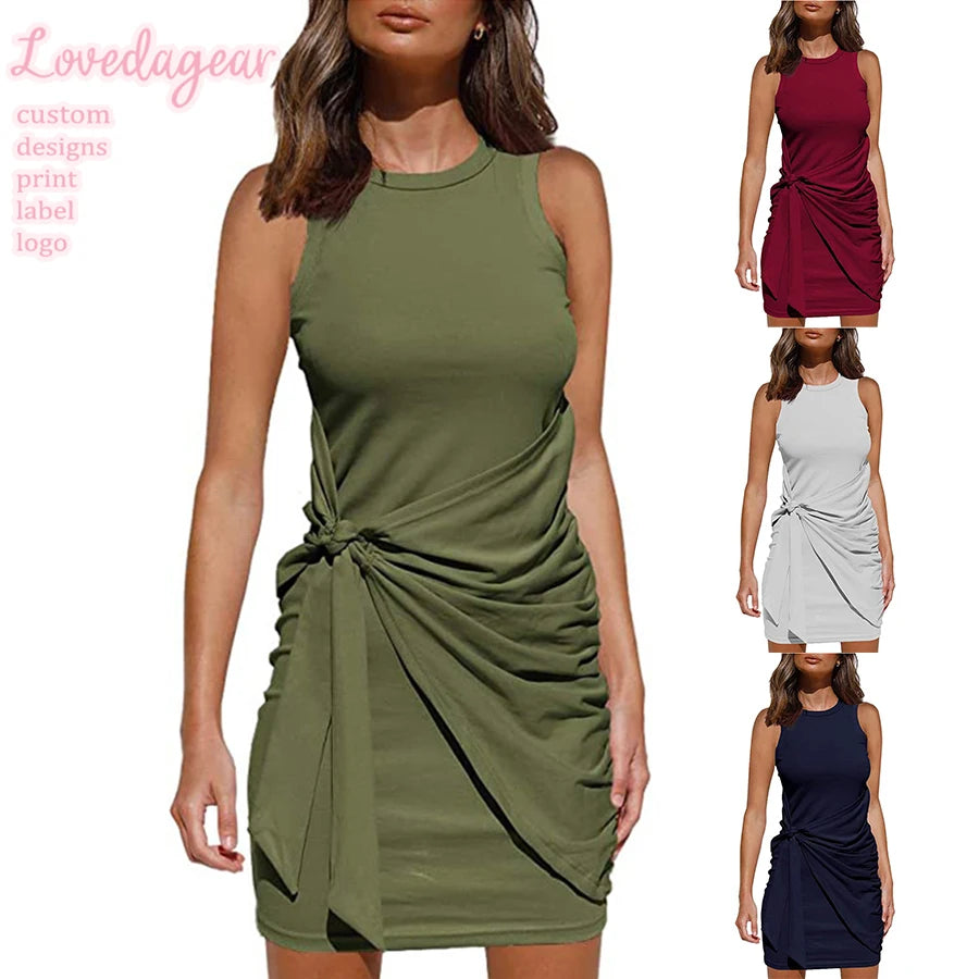 2025 Fashion Ladies Sleeveless Round Neck Bow Belt Woman Summer Casual Dress