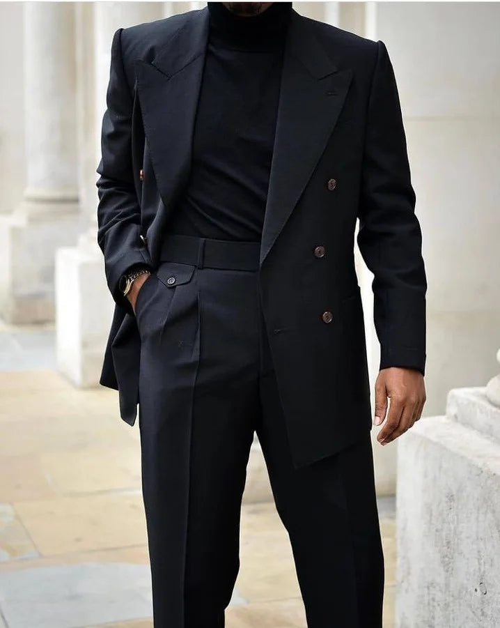Black Handsome Double Breasted Men's Tuxedos 2 Pieces Wide Lapel Slim Fit Wedding Terno Masculino Blazer Pants Costume Homme