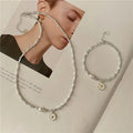 Handmade Round Bamboo Pure Silver Beads Necklaces Natural Freshwater Pearl Beaded Necklaces Bracelet Heart Charm Necklaces