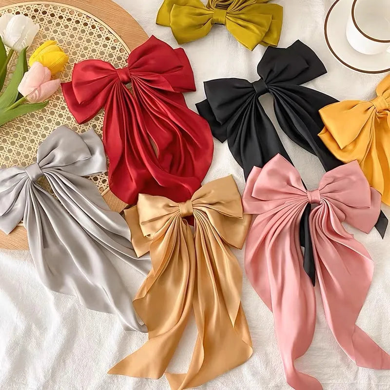 SongMay Luxury Women Hair Accessories Solid Color Fabric Streamers Large Stain Hairpin Bowknot Ponytail Hair Ties Scrunchies