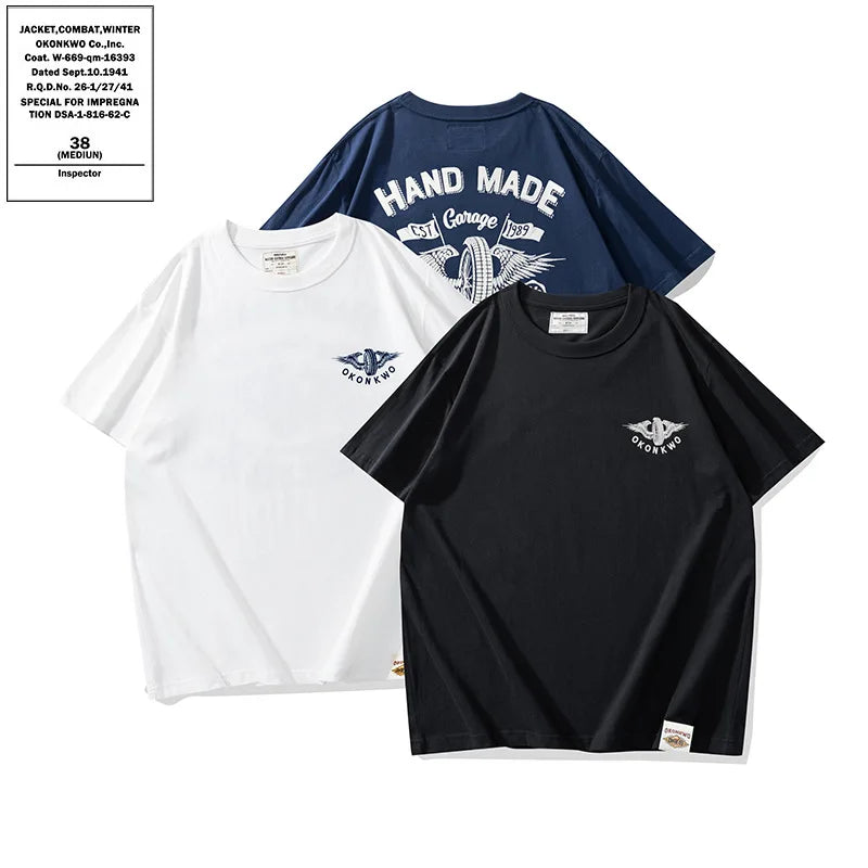 Men's Summer Retro Motorcycle Flying Wheel Printed Short Sleeve T-Shirt Street Style 100% Cotton Clothing Manufacturers