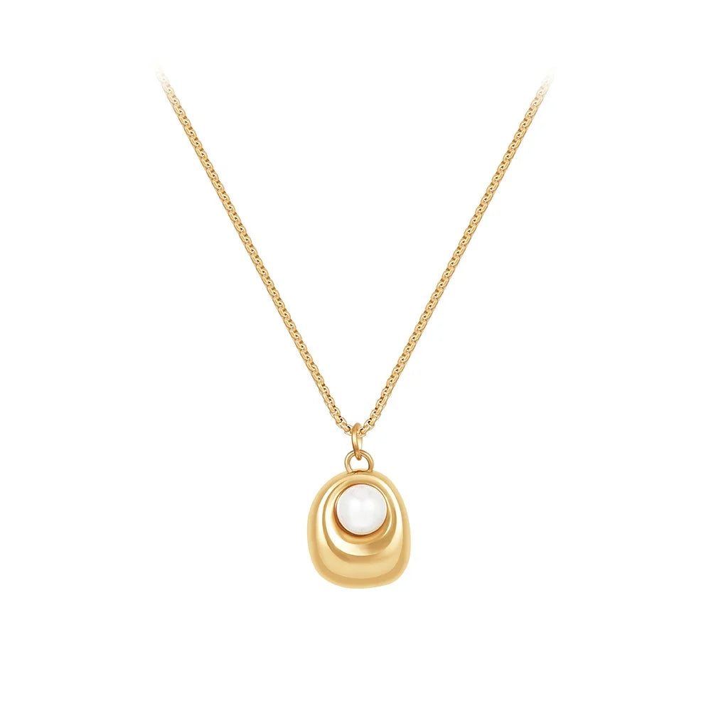 Latest 18K Gold Plated Stainless Steel Jewelry Irregular Oval With Pearl Pendant Trendy for Women Accessories Necklace P233394