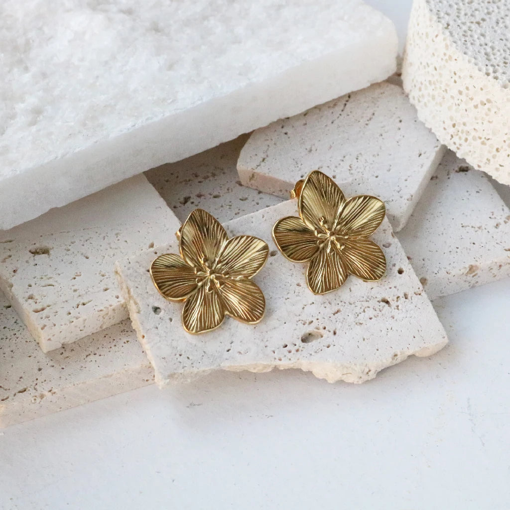 New Arrival Vintage 18K Gold Plated Stainless Steel Jewelry Earring Women Handmade Matte Flower Stud Earrings