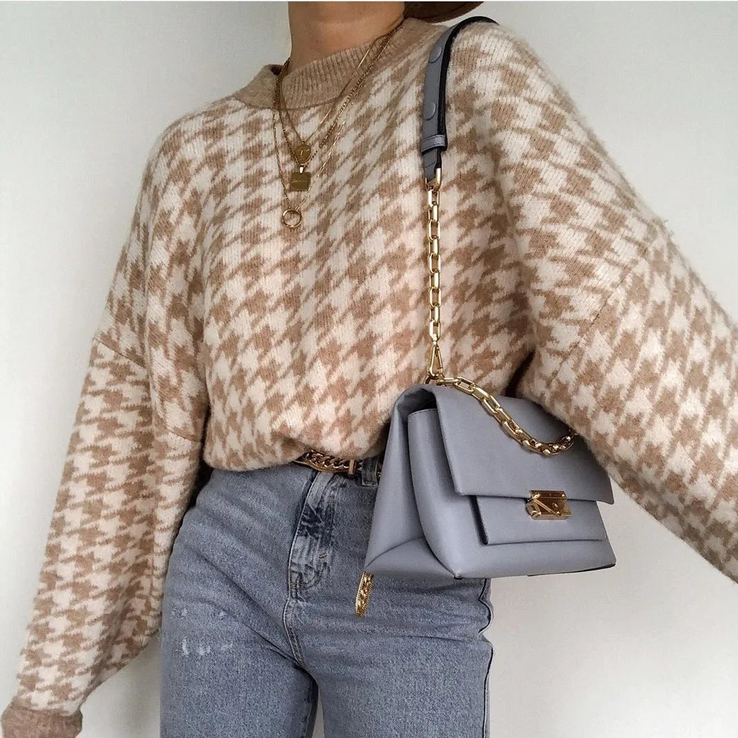 Autumn Women Geometric Khaki Knitted Sweater Women Casual Houndstooth Lady Pullover Sweater Female Autumn Winter Retro Jumper