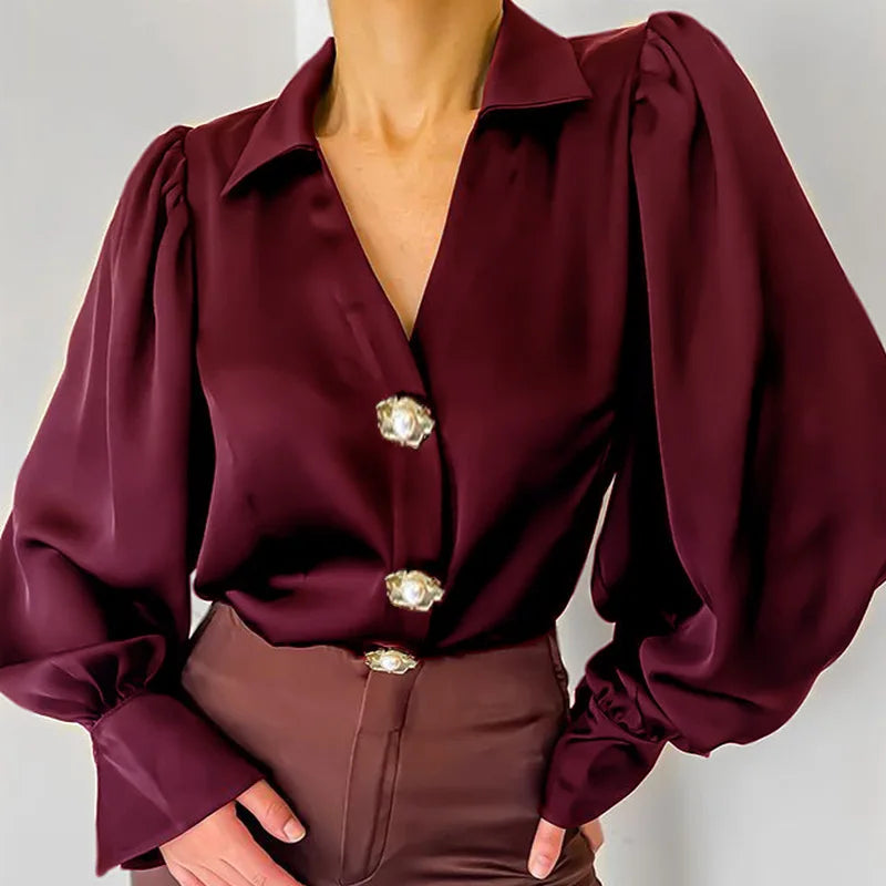 Trendy New 2025 Office Casual Wear Button up Shirt for Ladies Puff Sleeve Satin Shirt