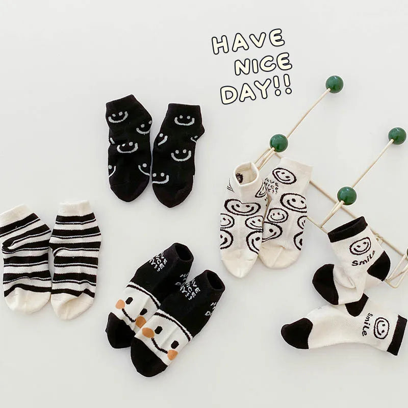 Custom 5-Pack Kids Spring Short Ankle Socks Black White Smile Face Mesh Breathable Boys Combed Cotton Socks