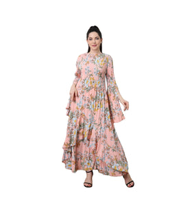 Miyake Women's Casual Bohemian Floral Robe De Soir Luxury Pink Modest Church Vestido Plus Size Long Sleeves Free Size Dress