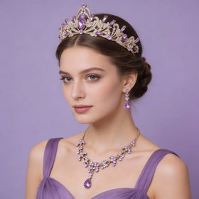 Bride Crown Headpiece Purple Diamond Vast Wedding Jewelry Set of Three Birthday Gifts Crown