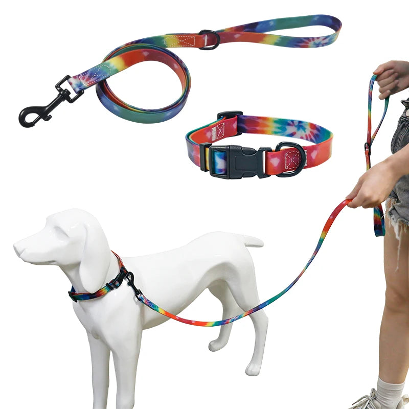 Customized Luxury Fashion Rainbow Pattern Nylon Lace Print Dog Leash & Collar with Breakaway Feature for Safe Walking & Running