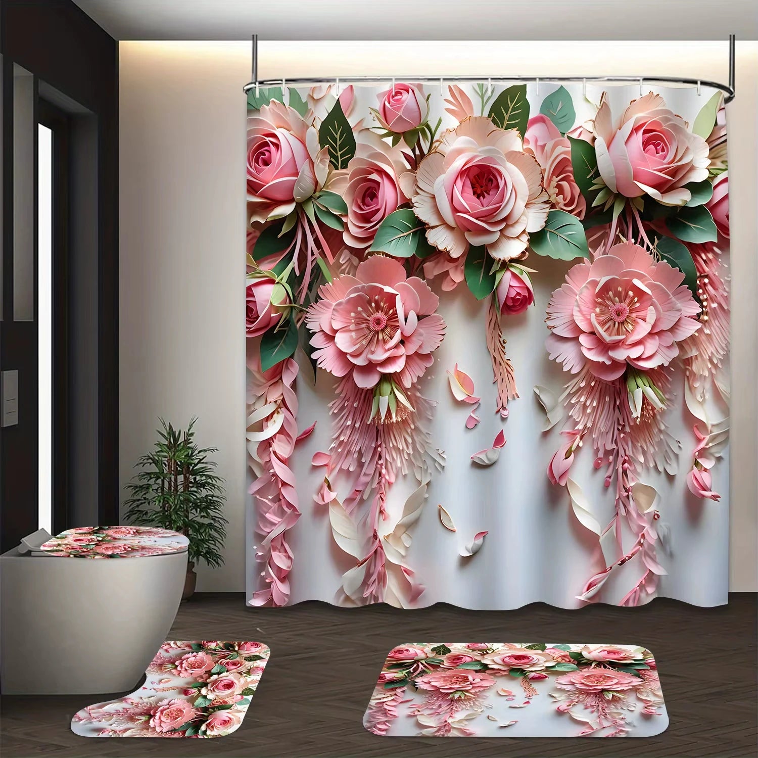 Modern Bathroom Decor Four-Piece Set Elegant Pink Rose Print Shower Curtain for a Romantic and Luxurious Ambiance