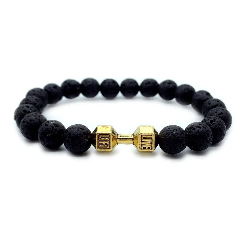 8mm Natural Matte Frosted Black Onyx Lava Rock Stone Beads Metal Dumbbell Accessories Stretch Bracelet for Anniversary Occasions