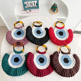 Factory Wholesale Fashion Devil's Eye Women Hand Beach Bags Handmade Knitted Crocheted Tote Bag Womens Braided Handbags