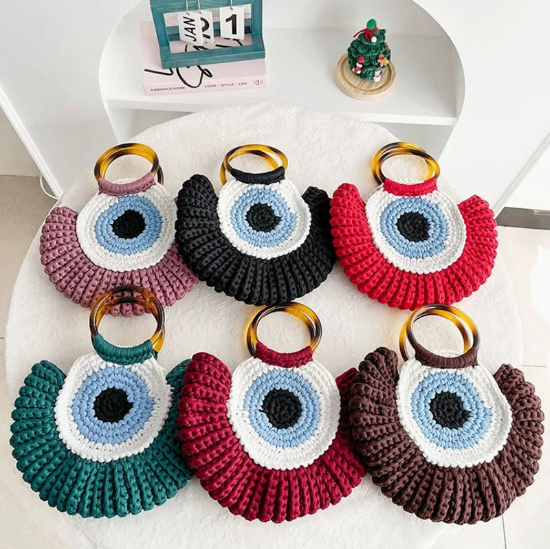 Factory Wholesale Fashion Devil's Eye Women Hand Beach Bags Handmade Knitted Crocheted Tote Bag Womens Braided Handbags