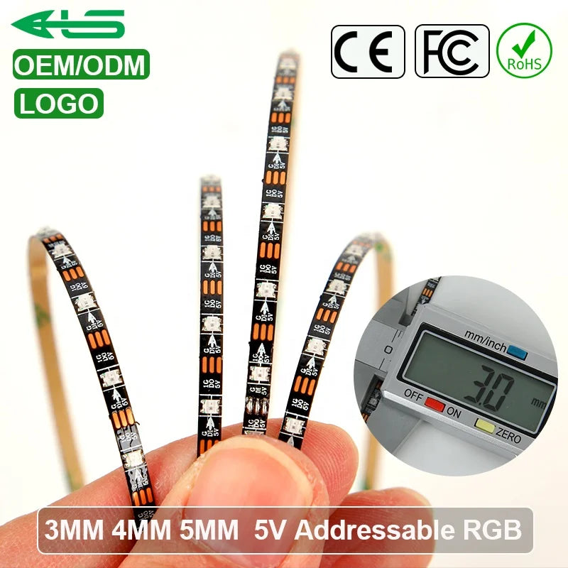 Mini 3mm 4mm 5mm Width Small White Black WS2812B Smart RGBIC Narrow Thin WS2812 DC 5V RGB Led Strip Light for Car RC Plane Model
