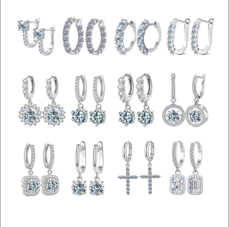 Wholesale 925 Sterling Silver Platinum Plated Gra  Round Brilliant Cut Lady Women Luxury Fine Jewelry Hoop Earring Moissanite