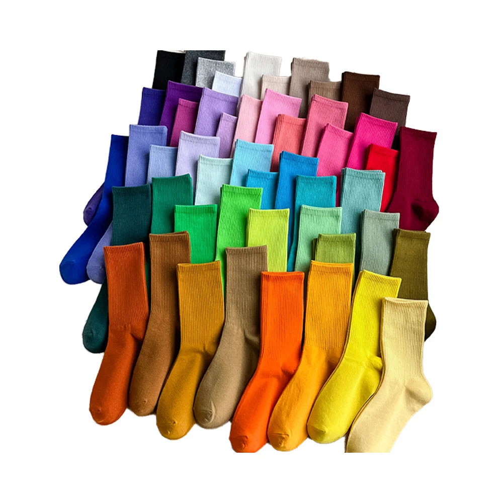 Women's Modern Cotton Crew-Length Mid Tube Socks Colorful Solid Candy Colors for Spring Autumn Winter Knitted Technique Body