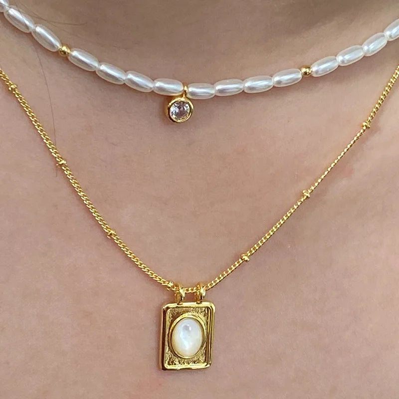 Fashion Jewelry 18k Gold Plated Stainless Steel Pearl Chocker Zircon Pendant Necklaces for Women