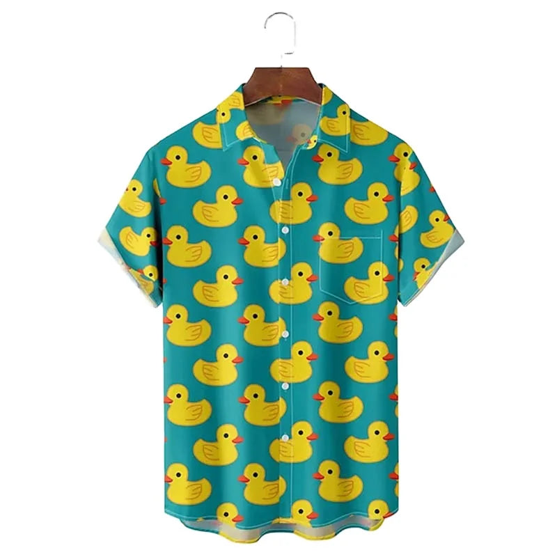 RNSHANGER New Dark Green Duck Print Hawaiian Shirts Summer Men Women Single Breasted Short Sleeve Breathable Shirts