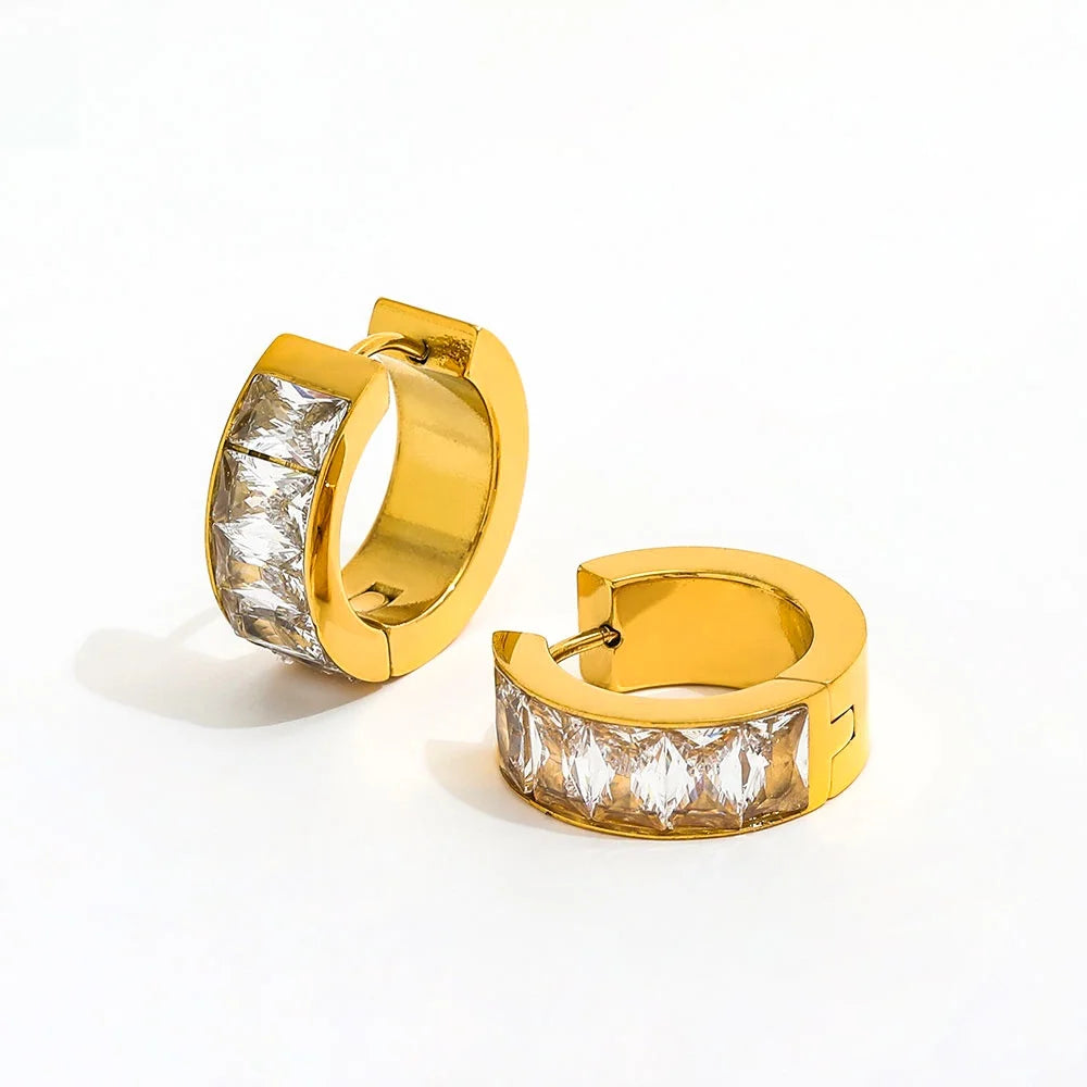 Trendy 18K Gold Plated Huggie Earring Band Shiny Rectangle Zirconia Half Pave Stainless Steel Wholesale for Gifts