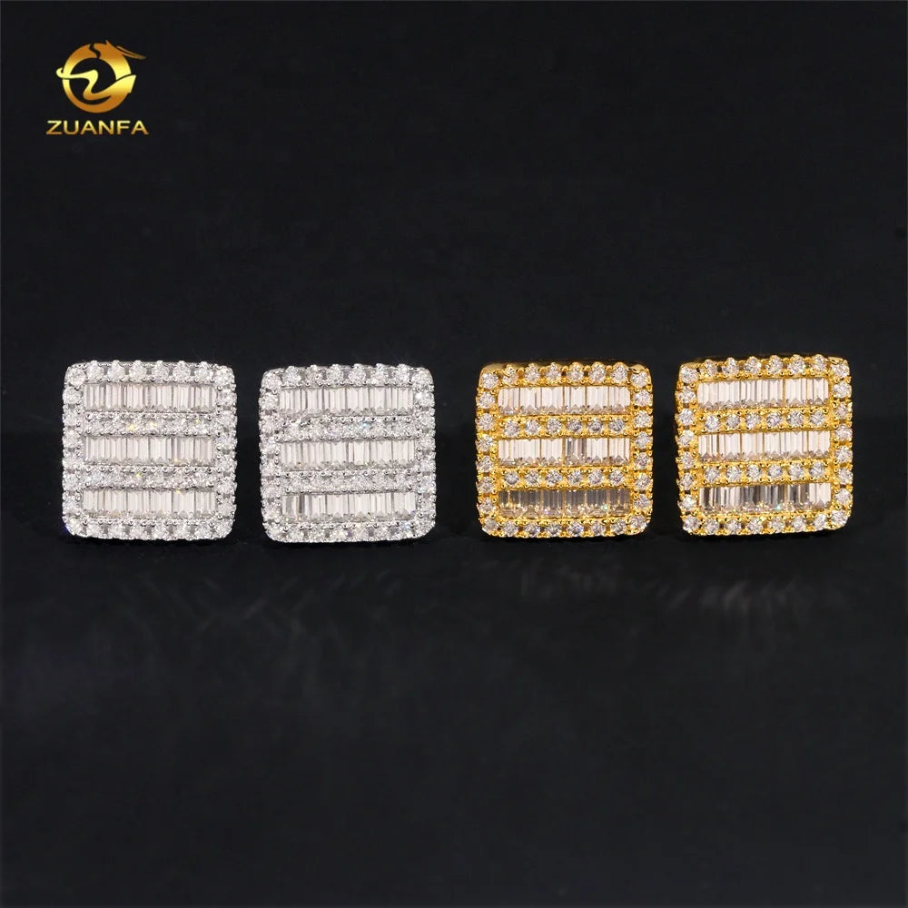 New Arrivals Luxury Hip Hop 925 Sterling Silver Lab Grown Diamond Baguette VVS Moissanite Earrings