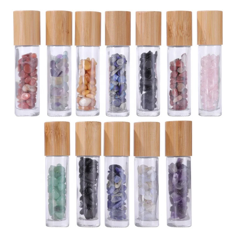 Factory Price 10ml Glass Essential Oil Roll on Bottle Gemstone Roller Bottle with Bamboo Lid
