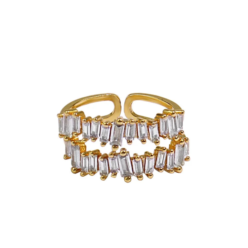 Wholesale Female Make Fashion Brass Alloy Open Cuff Finger Ring Real Gold Plated Two Rows Zircon Beads Charm