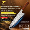 KEENHOPE Luxury Handcrafted 8 Inch Chef Knife Sweden RWL34 Damascus Steel Dense Twist Pattern USA Desert Ironwood Handle